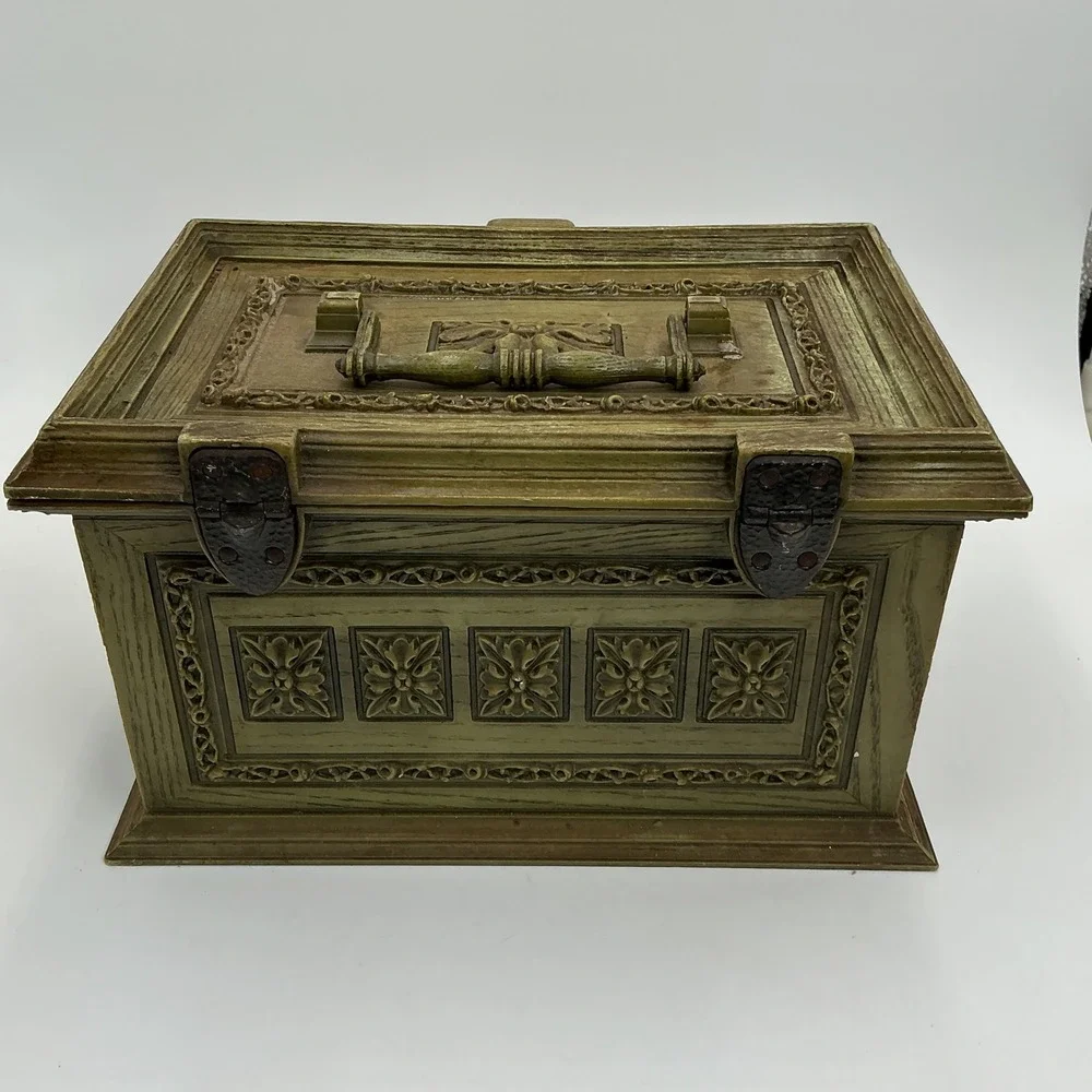 Vintage 60s Max Klein Avocado Green Green Plastic Sewing Box Faux Wood + STUFF!